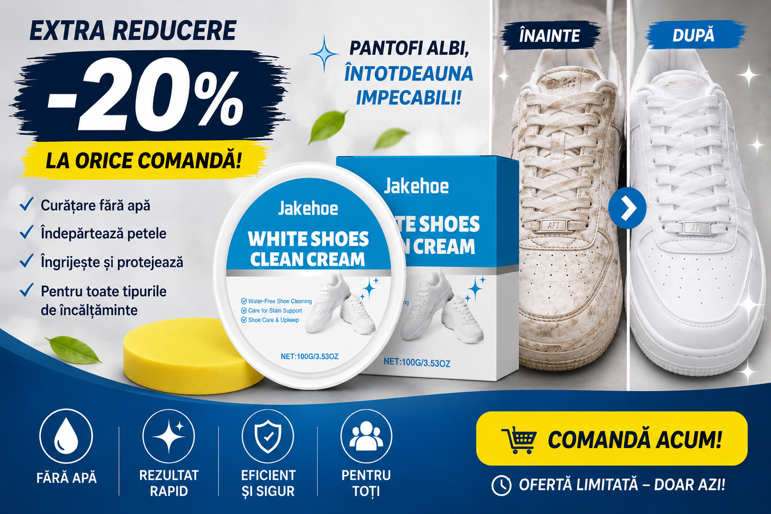 Cremă Premium pentru Curățarea Pantofilor Albi – Fără Apă, Rezultat Rapid